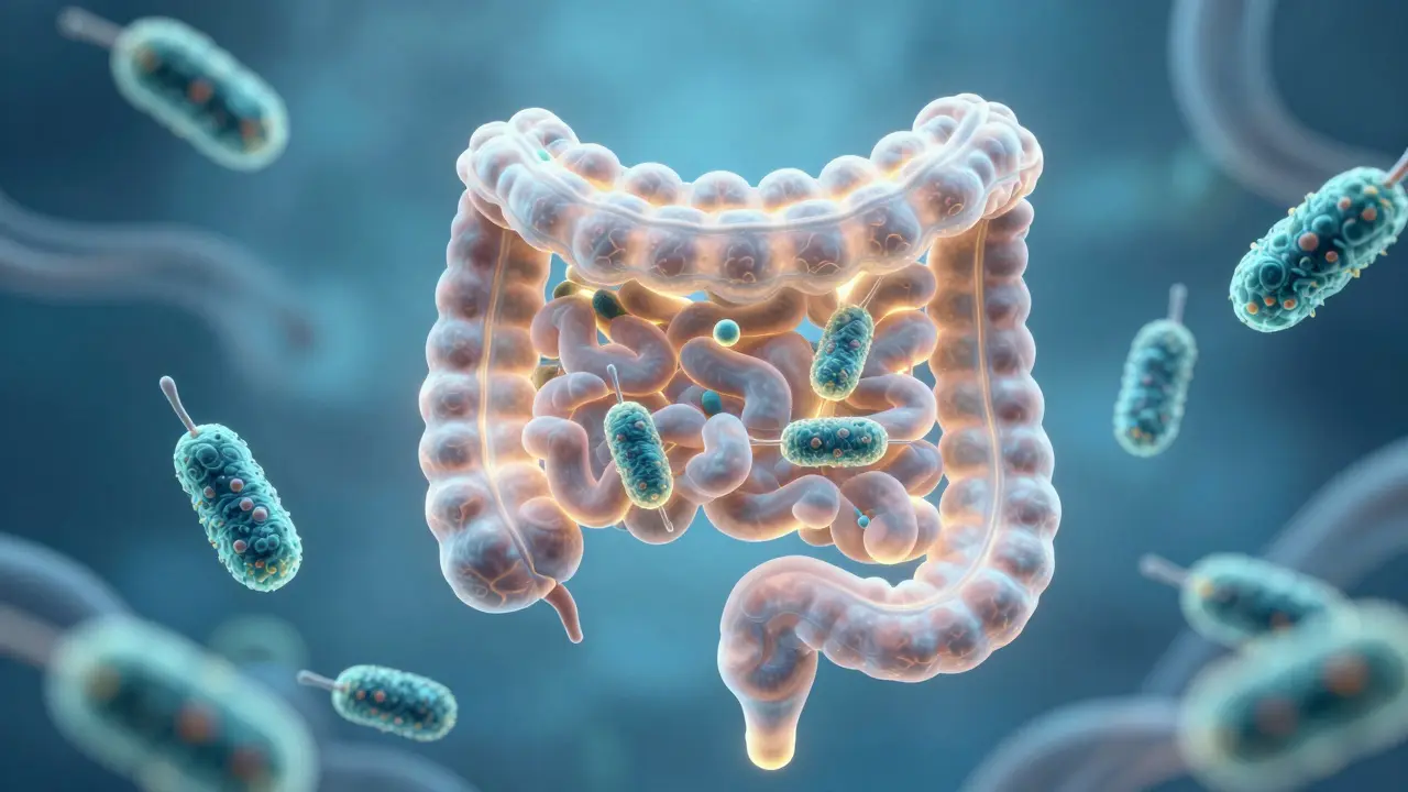 Abstraktní znázornení zdravého a vyváženého ekosystému bakterií v lidském střevě.