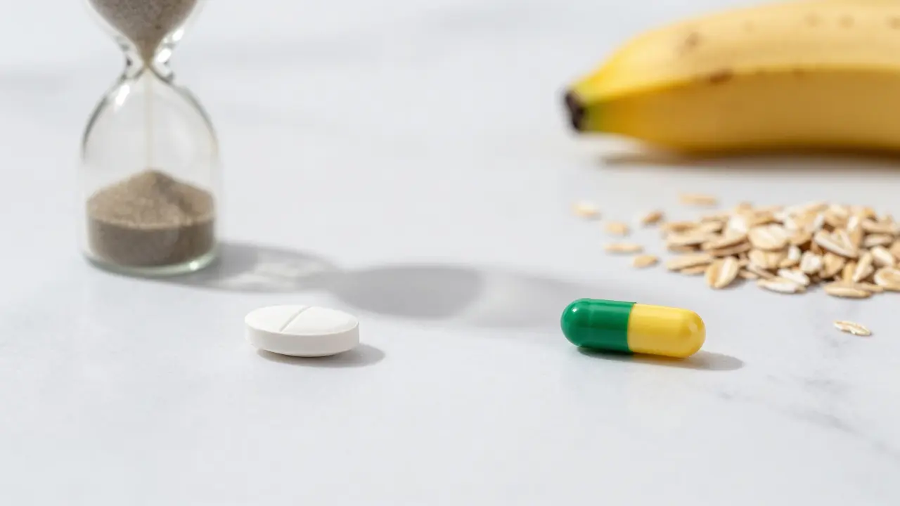 Antibiotikum a probiotikum oddělené časovým odstupem na stole.