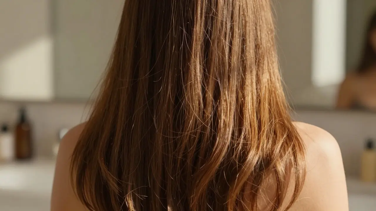 Detail hustých, lesklých a zdravých vlasů s přirozeným ownem