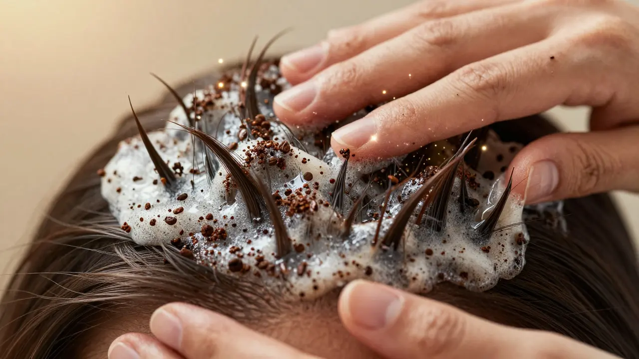 Detailní pohled na masáž pokožky hlavy s kávovým peelingem.