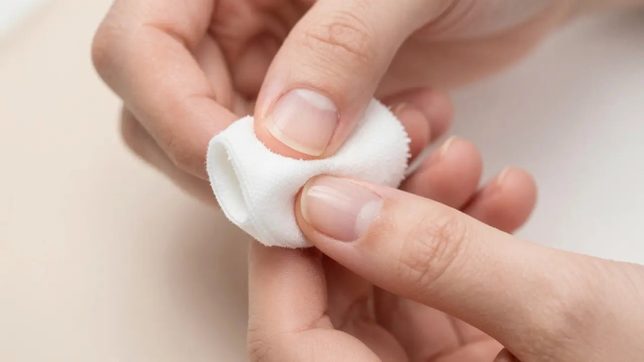 Detailní záběr na odmašťování nehtu vatovým tampónkem.