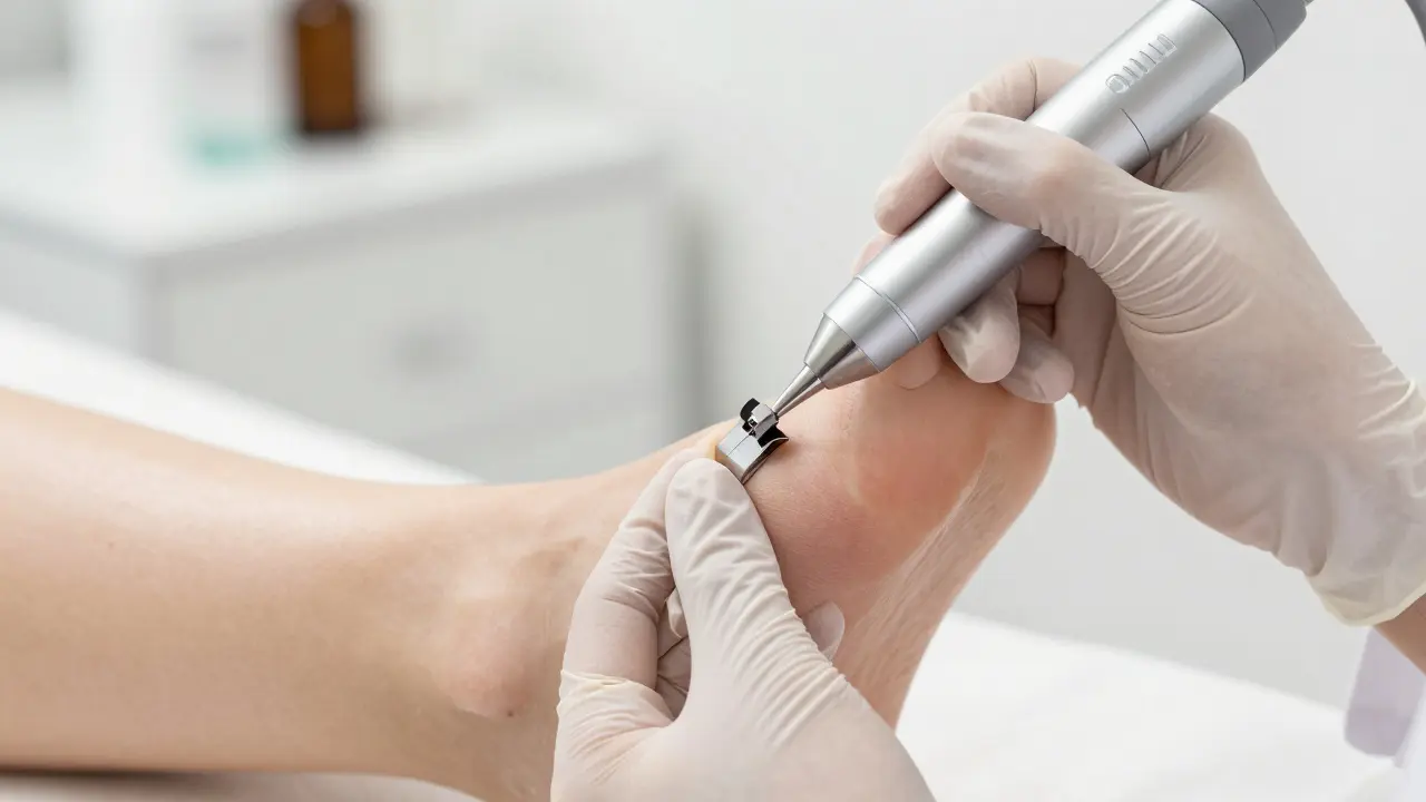 Detailní záběr na profesionální opracování paty pomocí elektrické frézy.