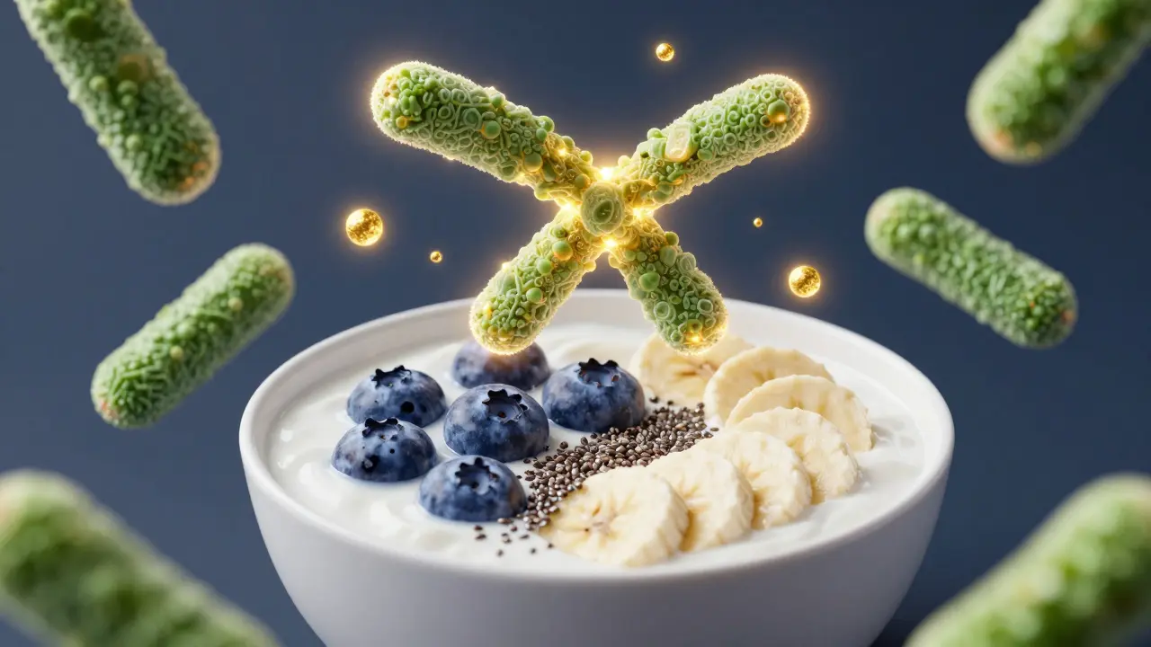 Jogurt s borůvkami a banány s abstraktním znázorněním probiotik a prebiotik.