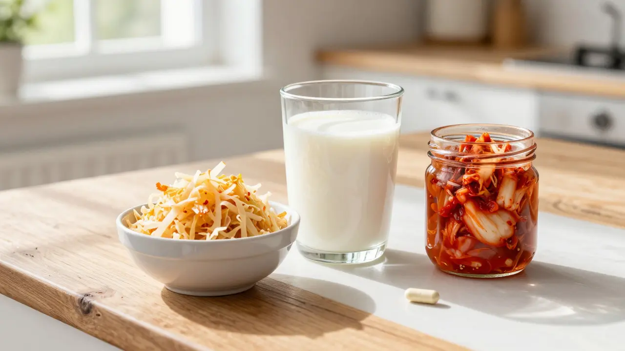 Kefír a kyselé zelí vedle probiotické kapsle na dřevěném stole.