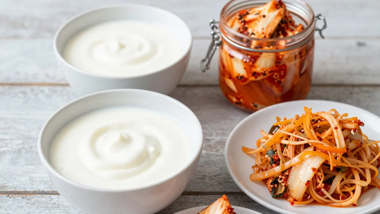 Kefír, kimči a kyselé zelí jako přirozené zdroje probiotik na stole.