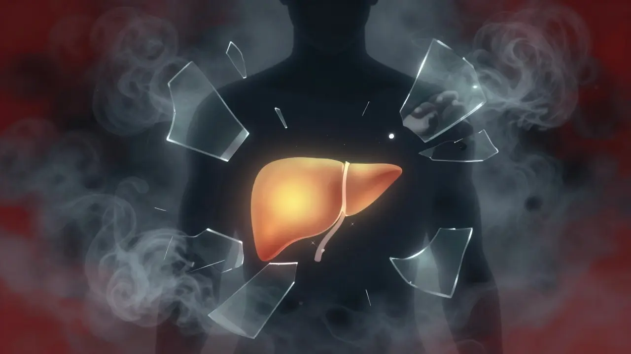 Konceptuální ilustrace člověka s vyzdvihnutým játrem a symbolem úzkosti a třesu.