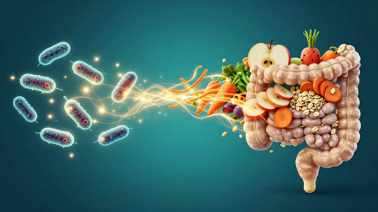 Konceptuální znázornění prebiotických vláken vyživujících probiotické bakterie.