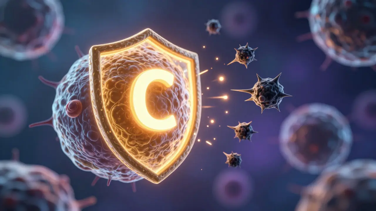 Konceptuální znázornění vitamínu C jako štítu proti volným radikálům.