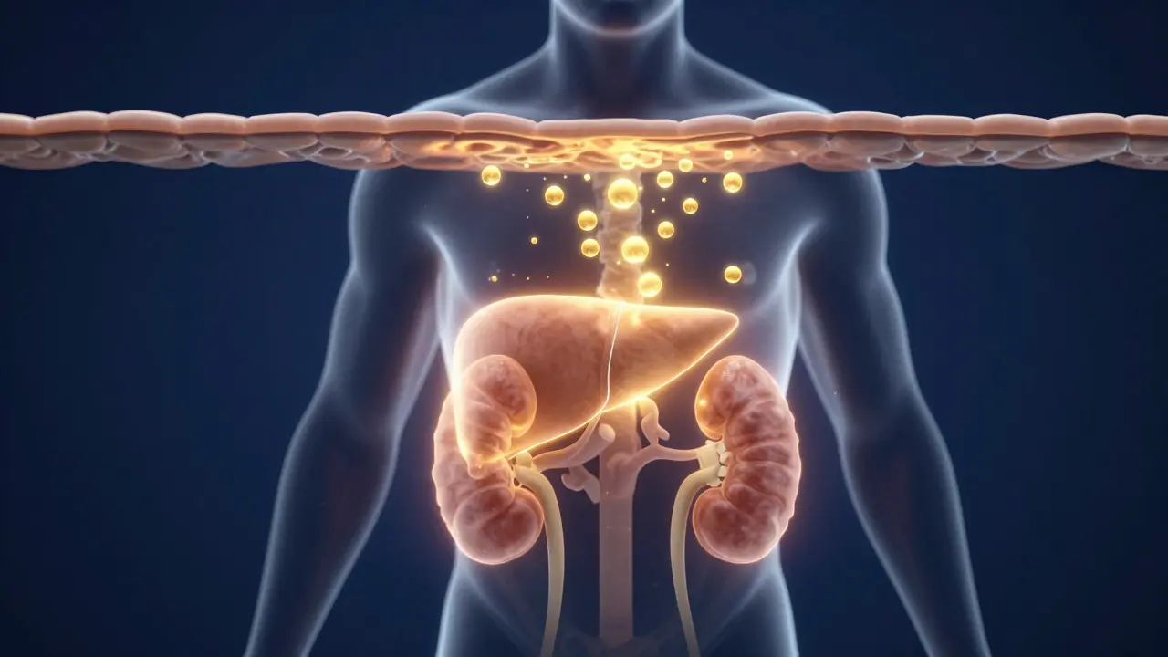 Konceptuální zobrazení aktivace vitamínu D v játrech a ledvinách.