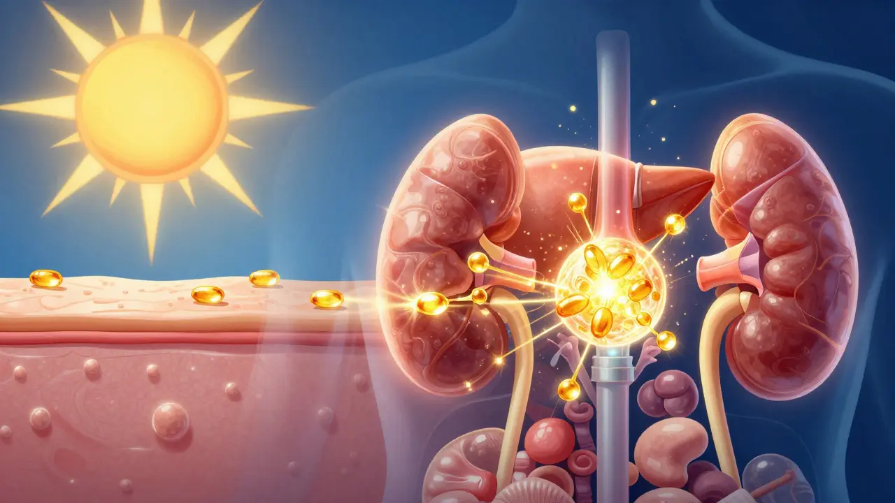 Konceptuální zobrazení syntézy vitamínu D v kůži, játrech a ledvinách.