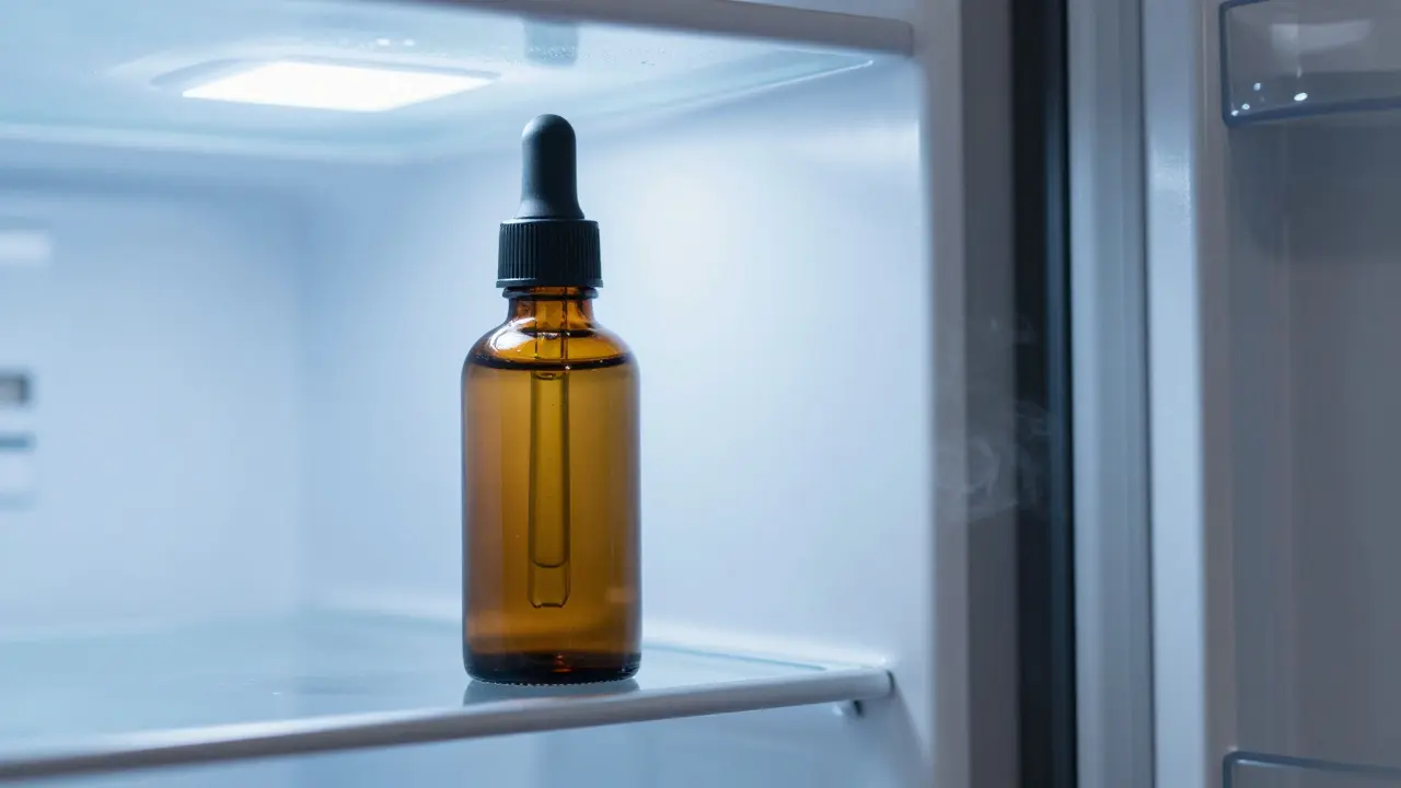 Lahvička s vitamínem C v tmavém skle uložená v lednici pro stabilitu.