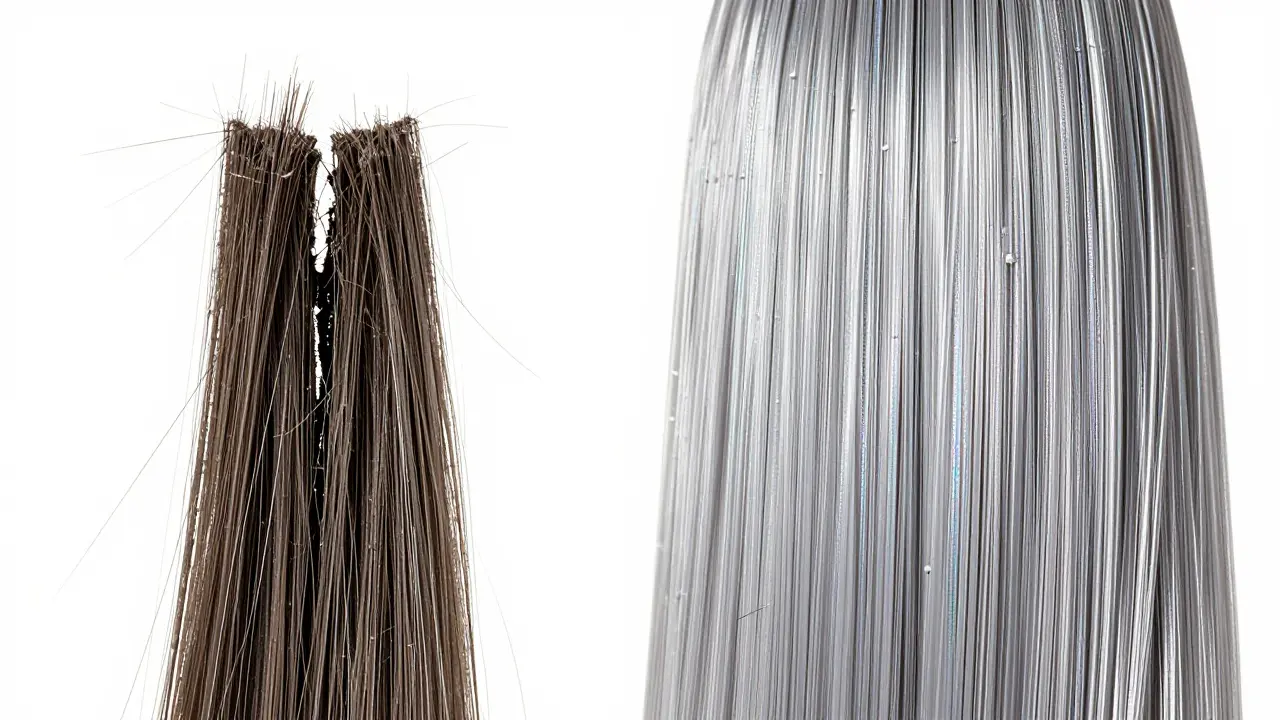 Mikroskopické srovnání poškozené kutikuly vlasu a hladkého, lesklého vlasu s ochrannou vrstvou.