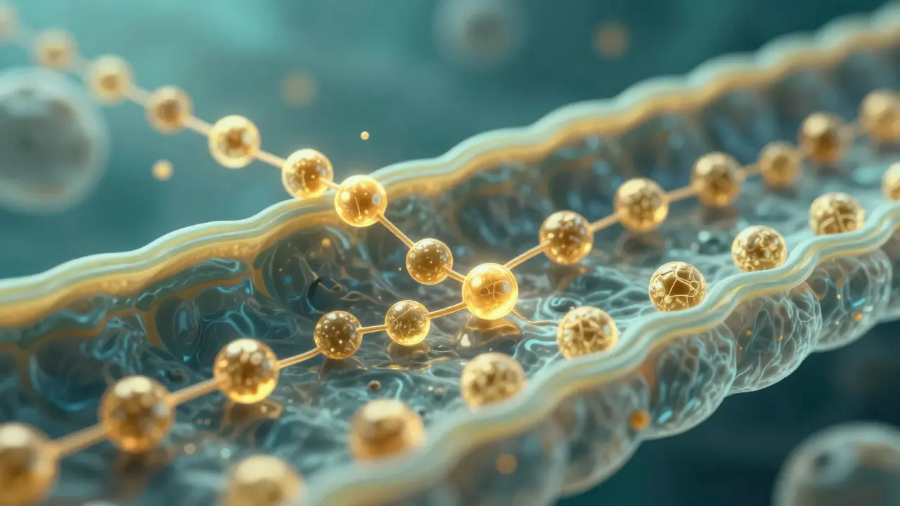 Mikroskopický pohled na vstřebávání peptidů rybího kolagenu do organismu.