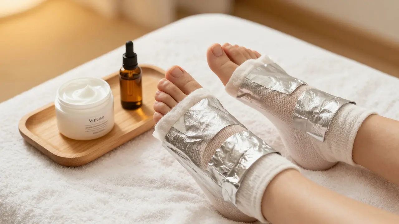 Nohy v regeneračních ponožkách s doprovodem hydratačního krému na dřevěném podnosu.