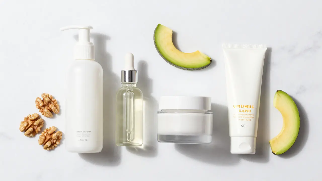 Sada dermokosmetiky pro ranní rutinu s produkty a zdravými tuky na mramoru.