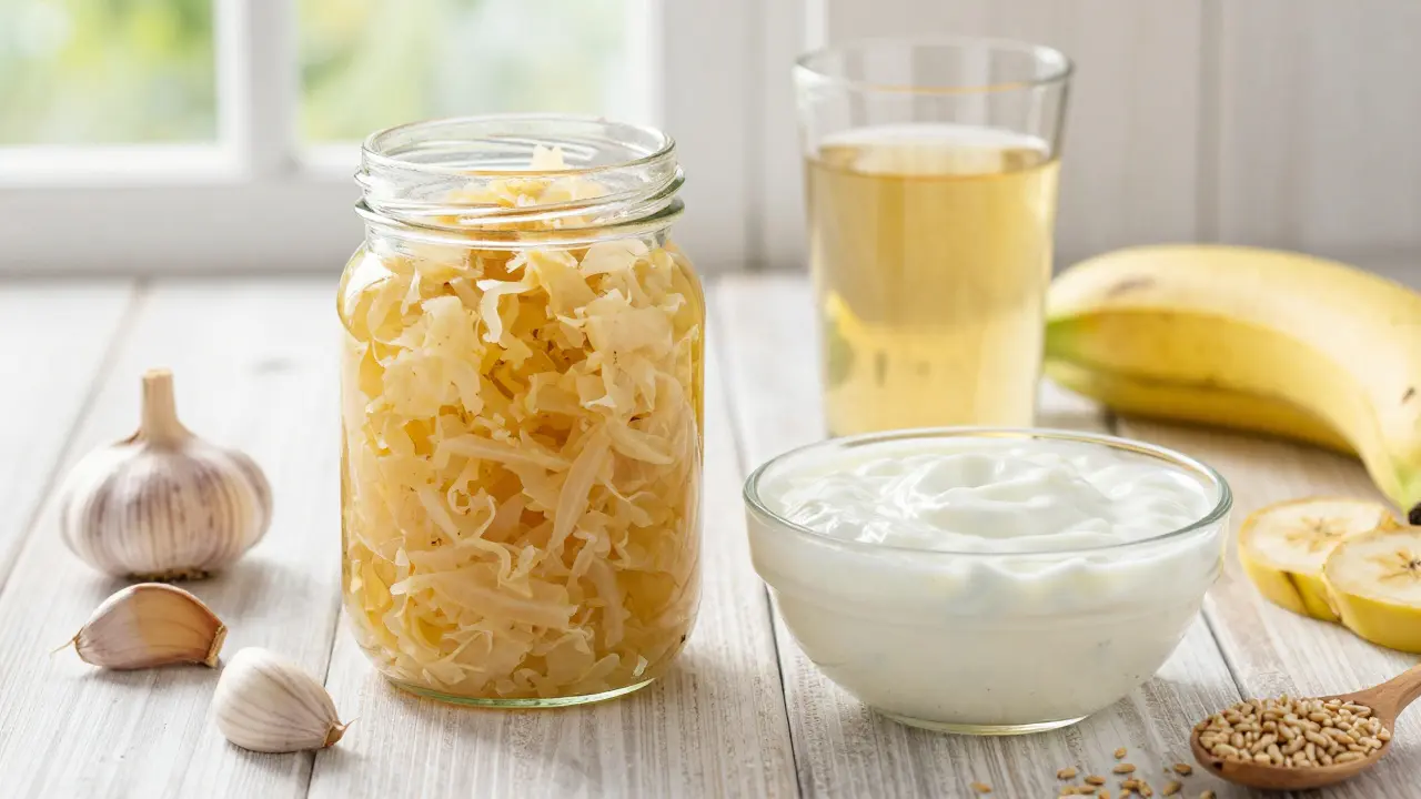 Sada fermentovaných potravin jako kefír, kyselé zelí a kombucha pro obnovu střev.