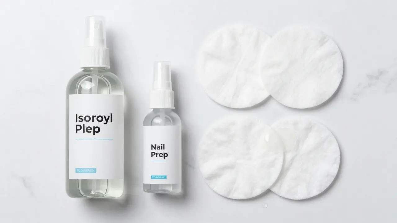 Sada produktů pro odmaštění nehtů: isopropylalkohol a vaty.