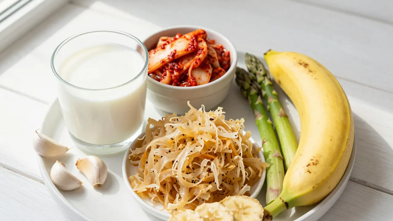 Sada zdravých potravin: kefír, kimči, kyselé zelí, česnek a banán na bílém stole.