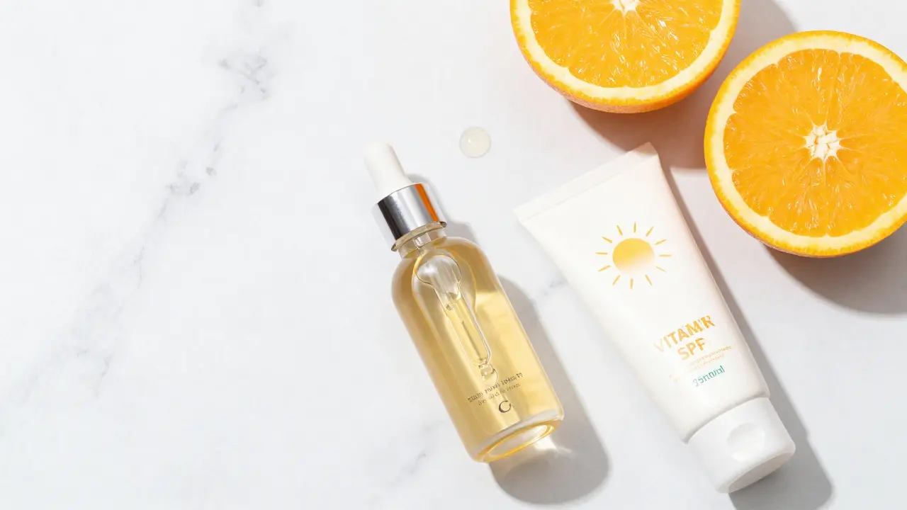 Sérum s vitamínem C, SPF krém a plátky pomeranče na mramorovém povrchu.