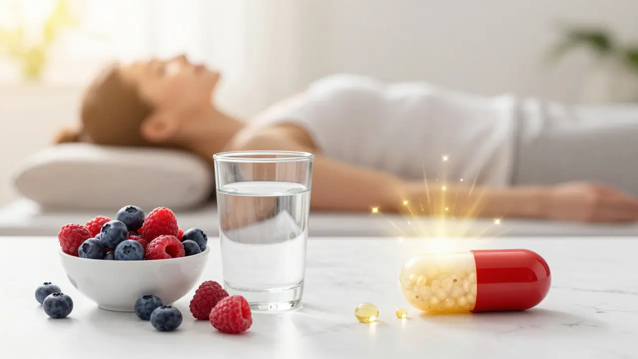 Sestava zdravých potravin a probiotik symbolizující rovnováhu a uzdravení.