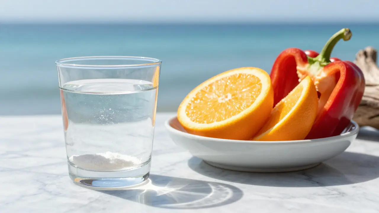 Sklenice s kolagenem a plátky citrusů a paprik na mramorovém stole