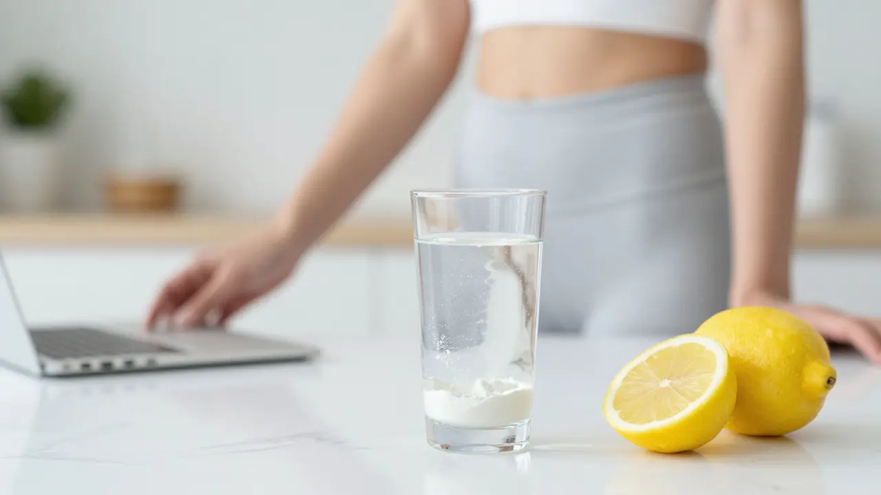 Sklenice vody s kolagenem a citronem na mramorovém stole.