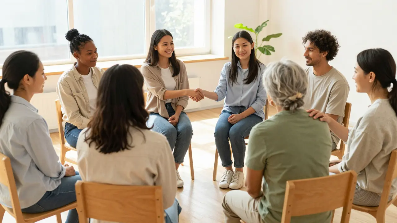 Skupina lidí v kruhu během terapeutické schůzky v jasně osvětlené místnosti.