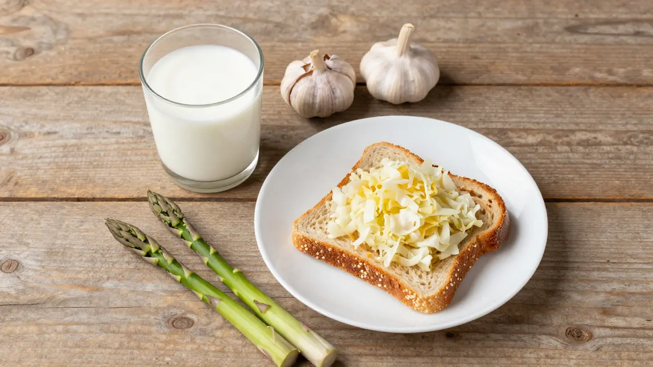 Snídaně z kefíru a celozrnného chleba s kysaným zelím a česnekem.
