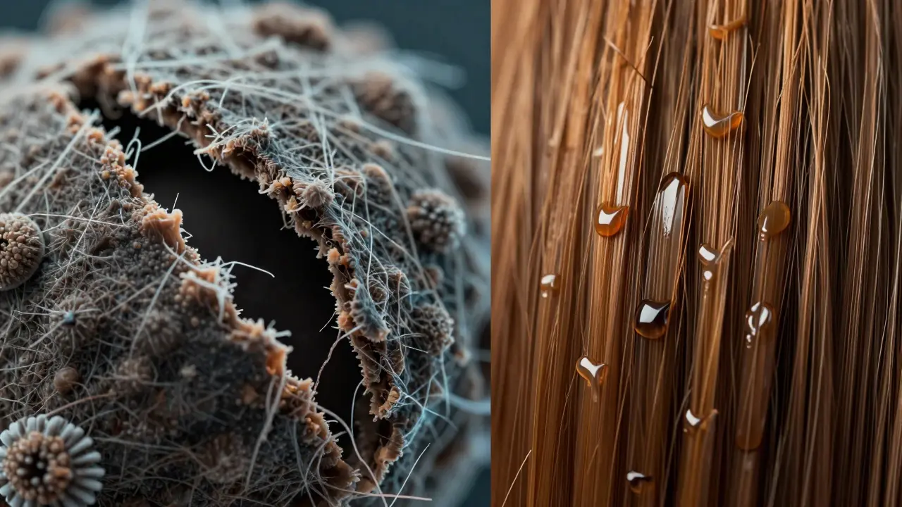 Srovnání poškozené a vyhlazené vlasové kutikuly pod mikroskopem