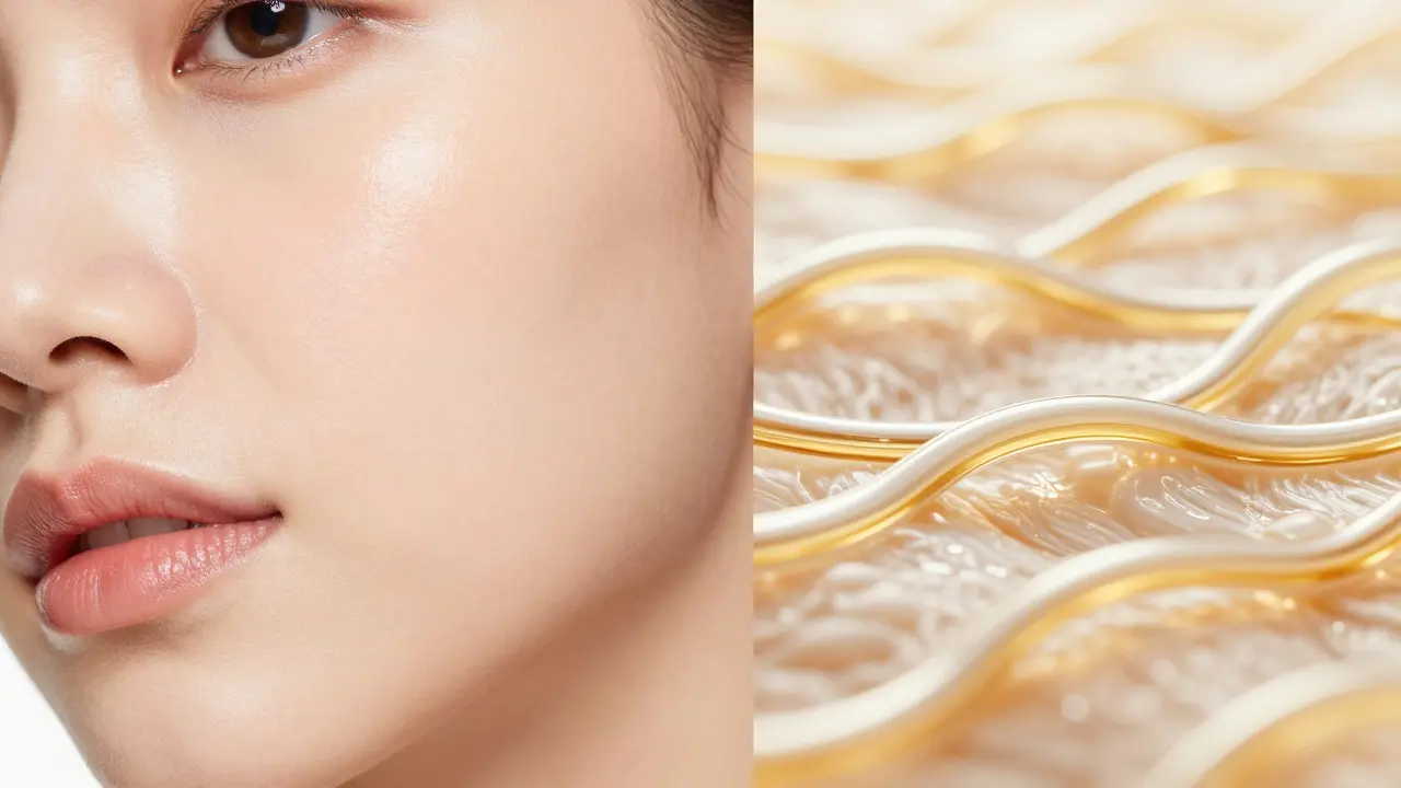 Zářivá zdravá pleť a symbolická struktura kolagenu v kůži.