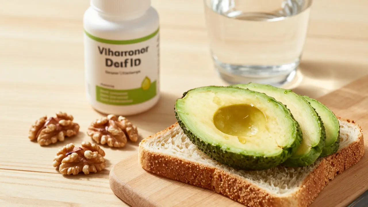 Zdravá snídaně s avokádem a ořechy vedle doplňku stravy.