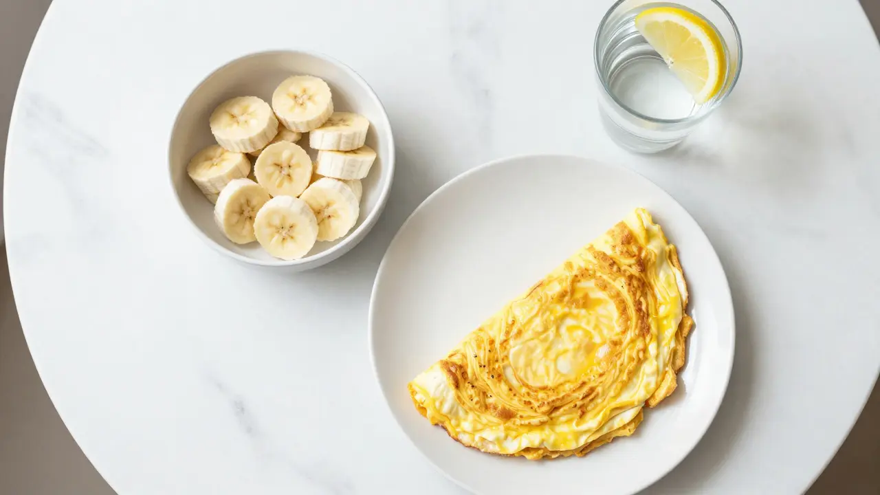 Zdravá snídaně s banány a omeletou pro zotavení z kocoviny