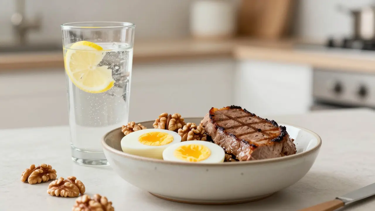 Zdravá strava pro růst vlasů: ořechy, vejce a sklenice vody.