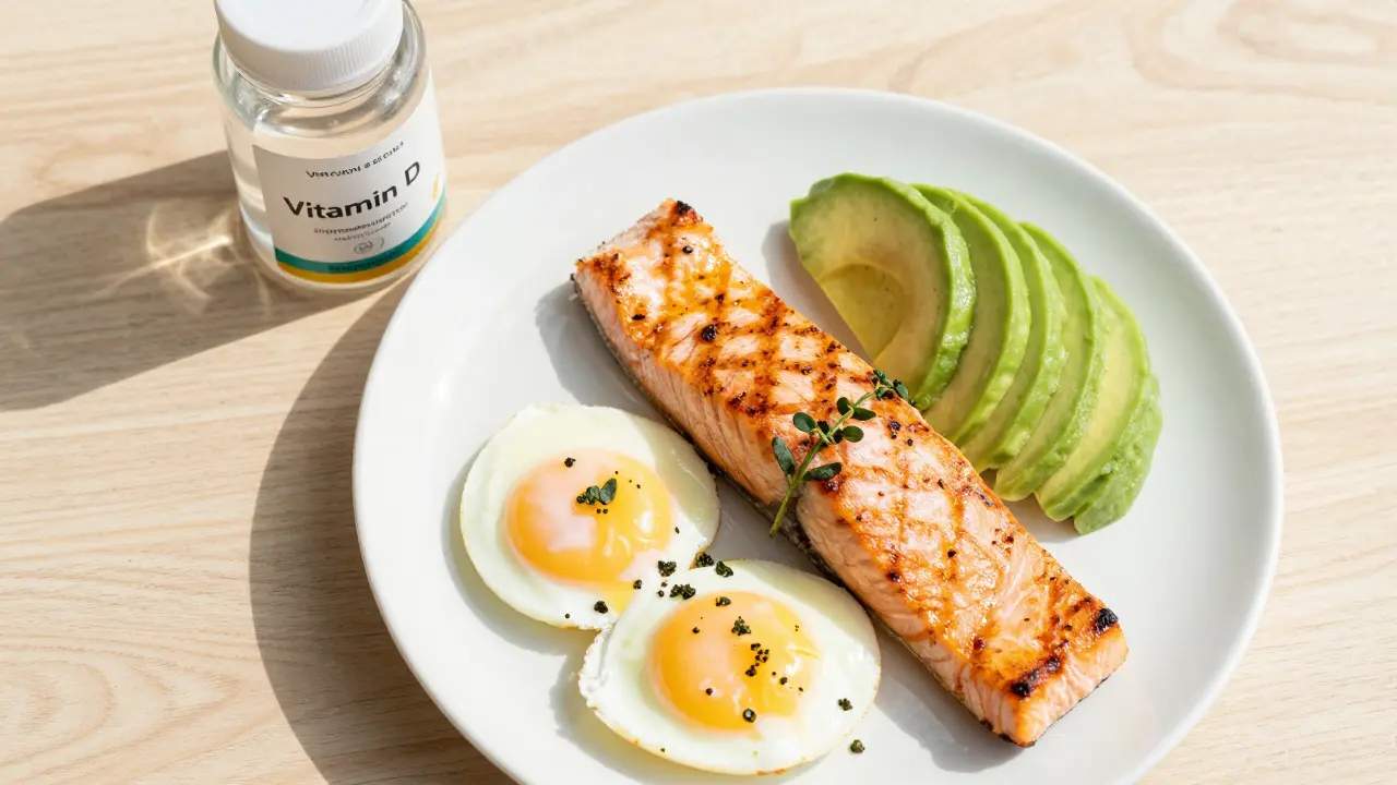 Zdravé jídlo s tučnými rybami, avokádem a vejcem jako zdrojem vitamínu D.