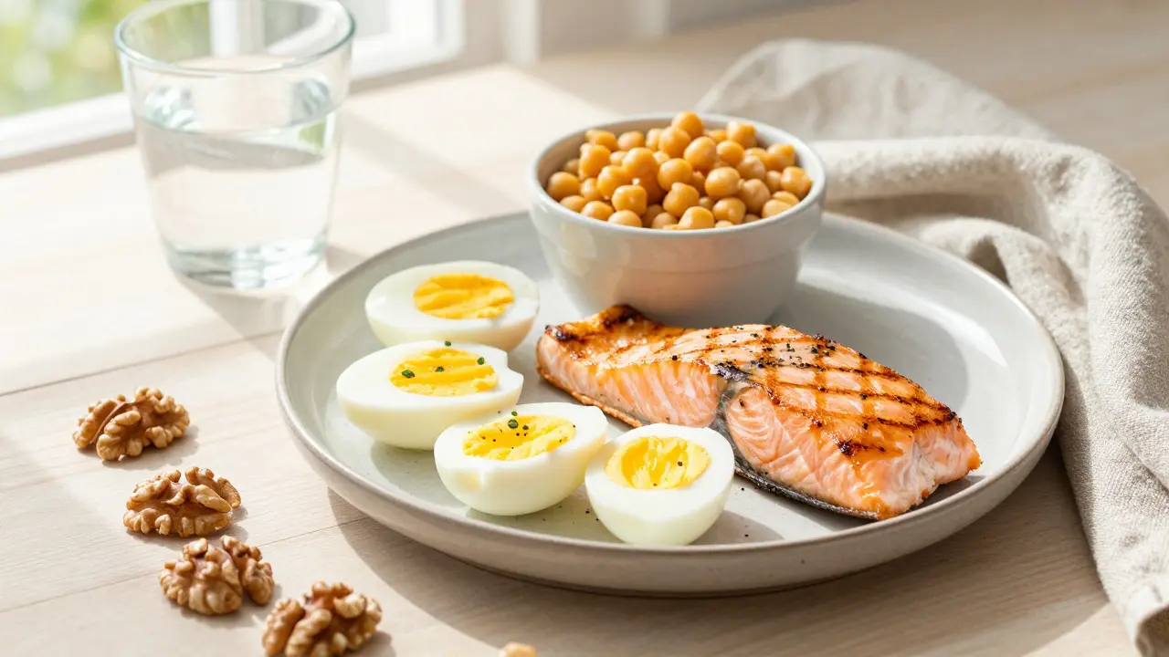 Zdravý talíř s vajíčky, rybami a ořechy pro podporu růstu vlasů.