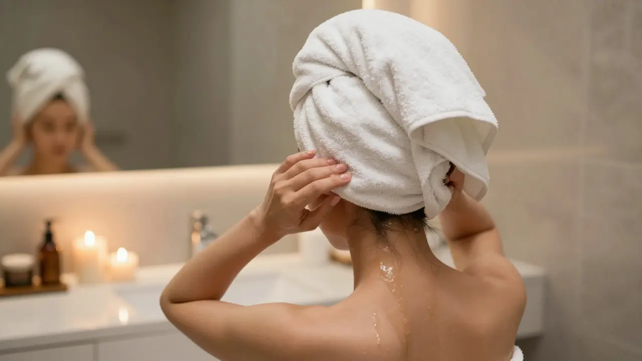 Žena s vlasy zabalenými do teplého ručníku během péče o vlasy