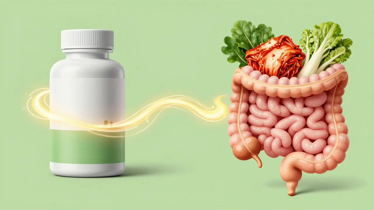 Ilustrace cyklického užívání probiotik a fermentovaných potravin.