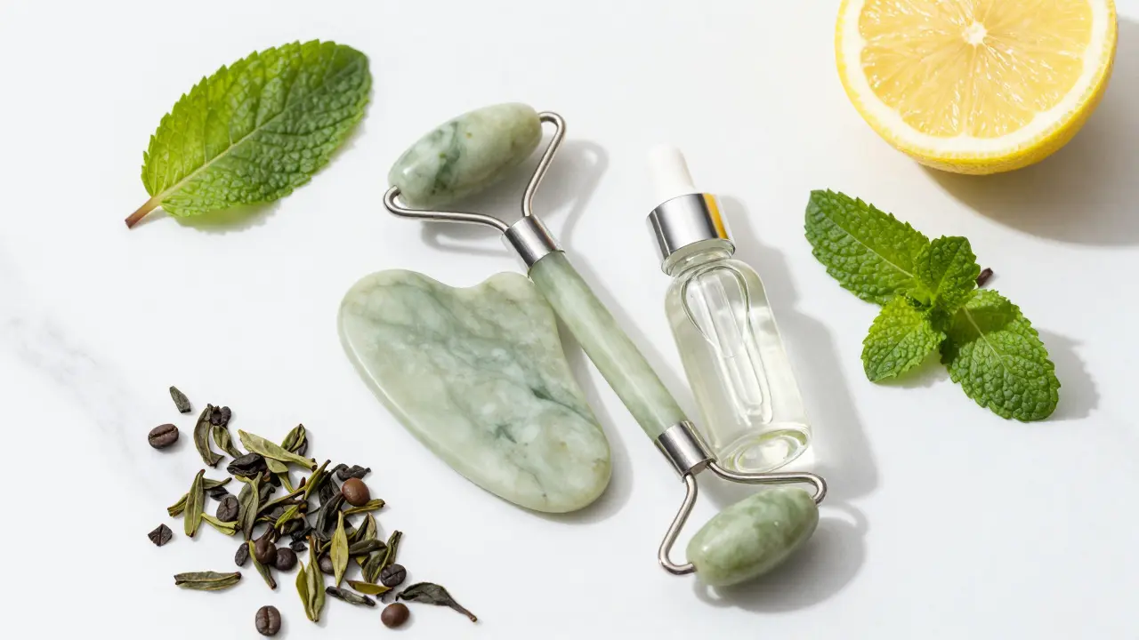 Jade gua sha nástroj a sérum na mramoru