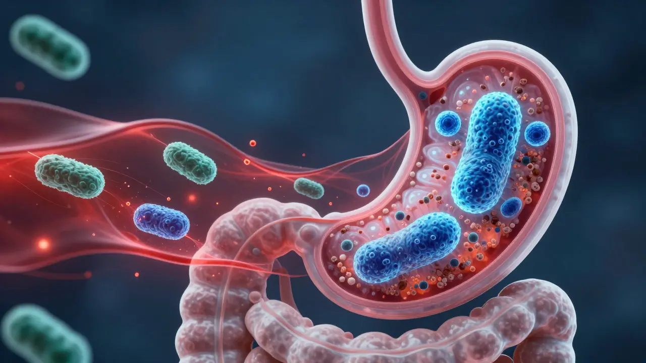 Konceptuální ilustrace probiotických bakterií chráněných jídlem před žaludeční kyselinou v trávicím traktu.
