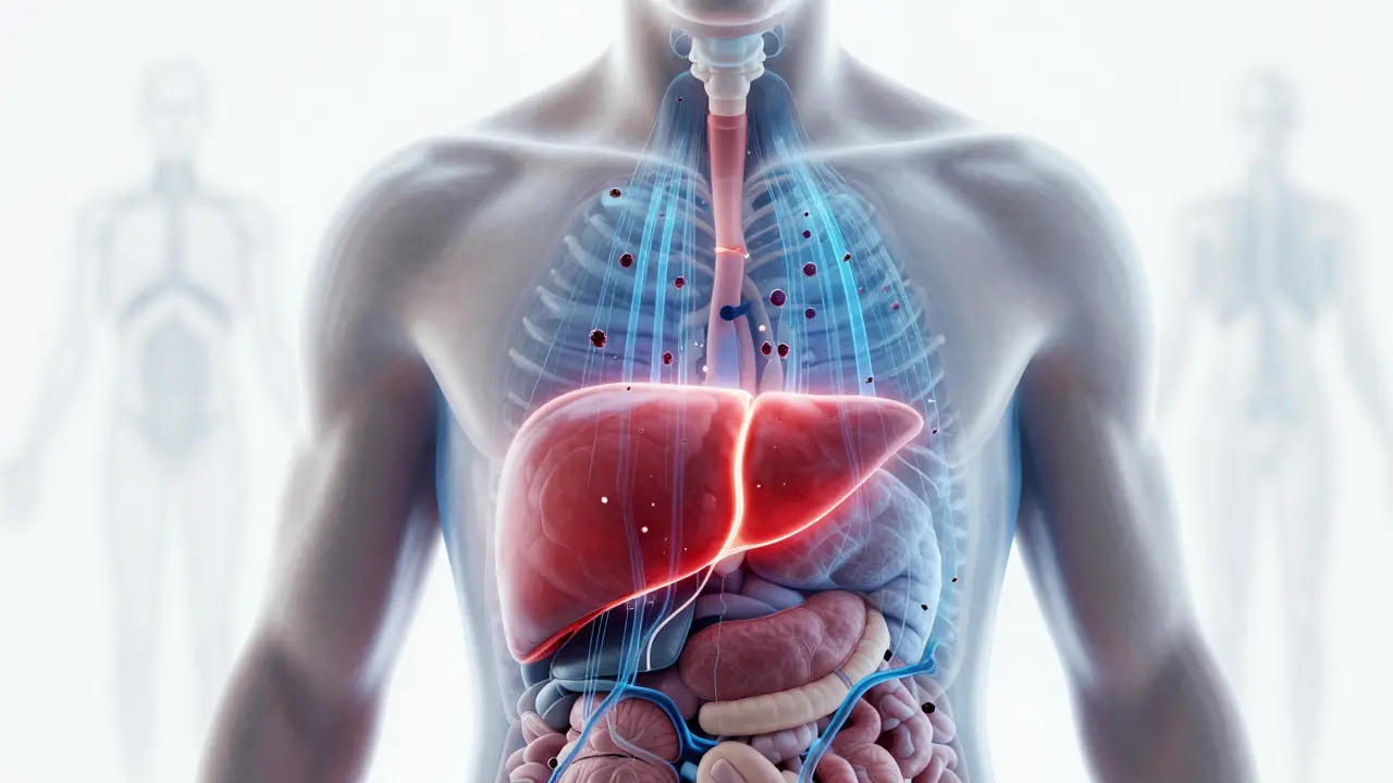 Konceptuální ilustrace regenerace jater a detoxikace těla po přestání pití.