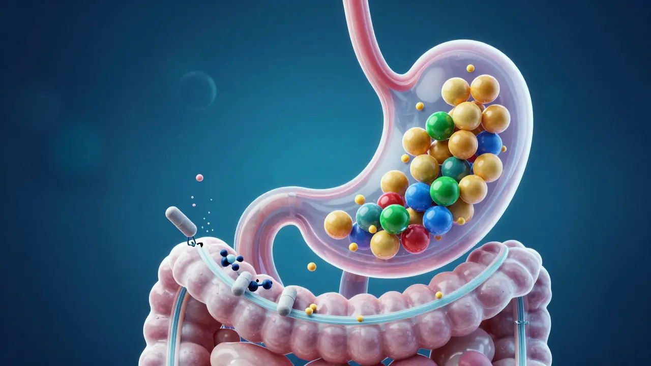 Konceptuální ilustrace trávicího systému a vstřebávání vitamínů