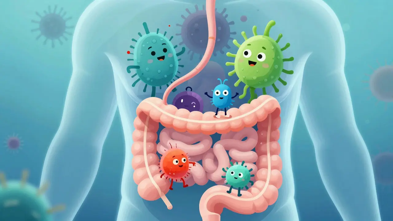 Konceptuální ilustrace zdravého střevního mikrobiomu a bakteriální rovnováhy