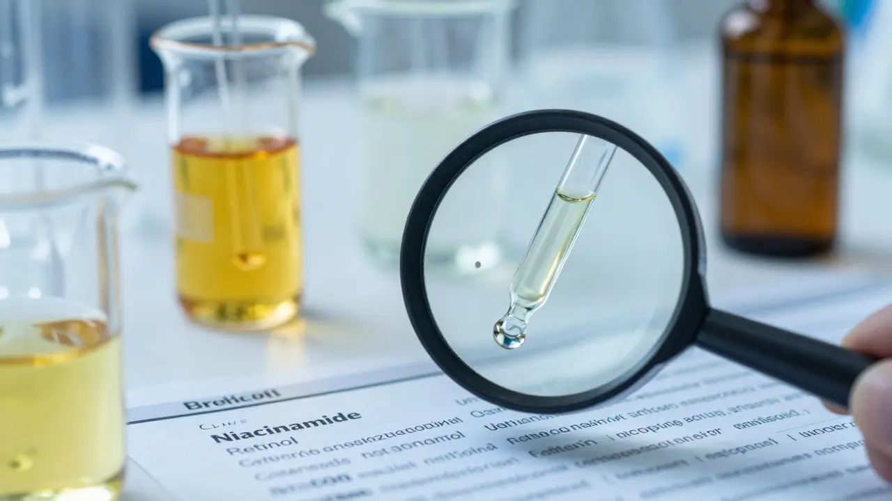 Makro záběr na laboratorní sklo a seznam ingrediencí s loupou