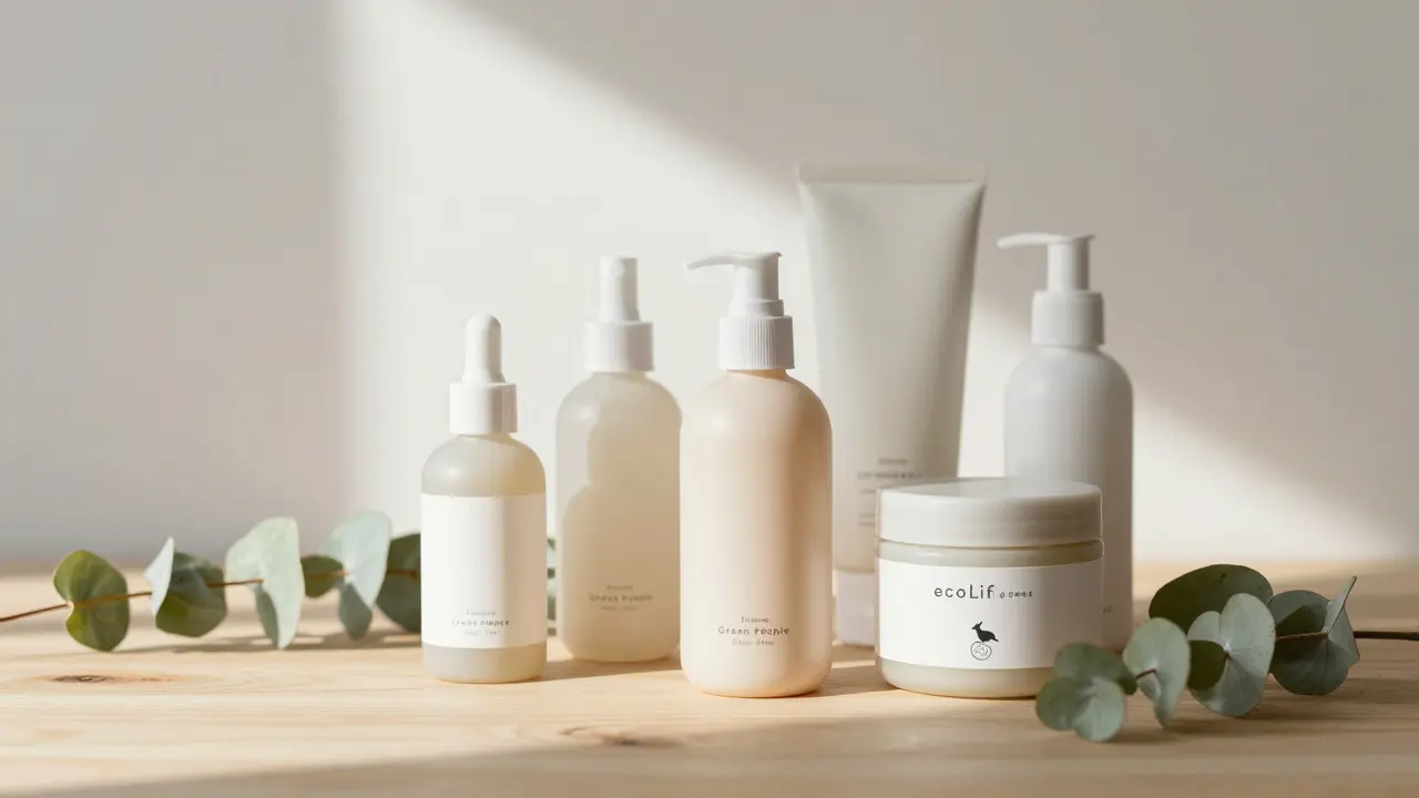 Přírodní cruelty-free kosmetika s certifikací na dřevěném povrchu