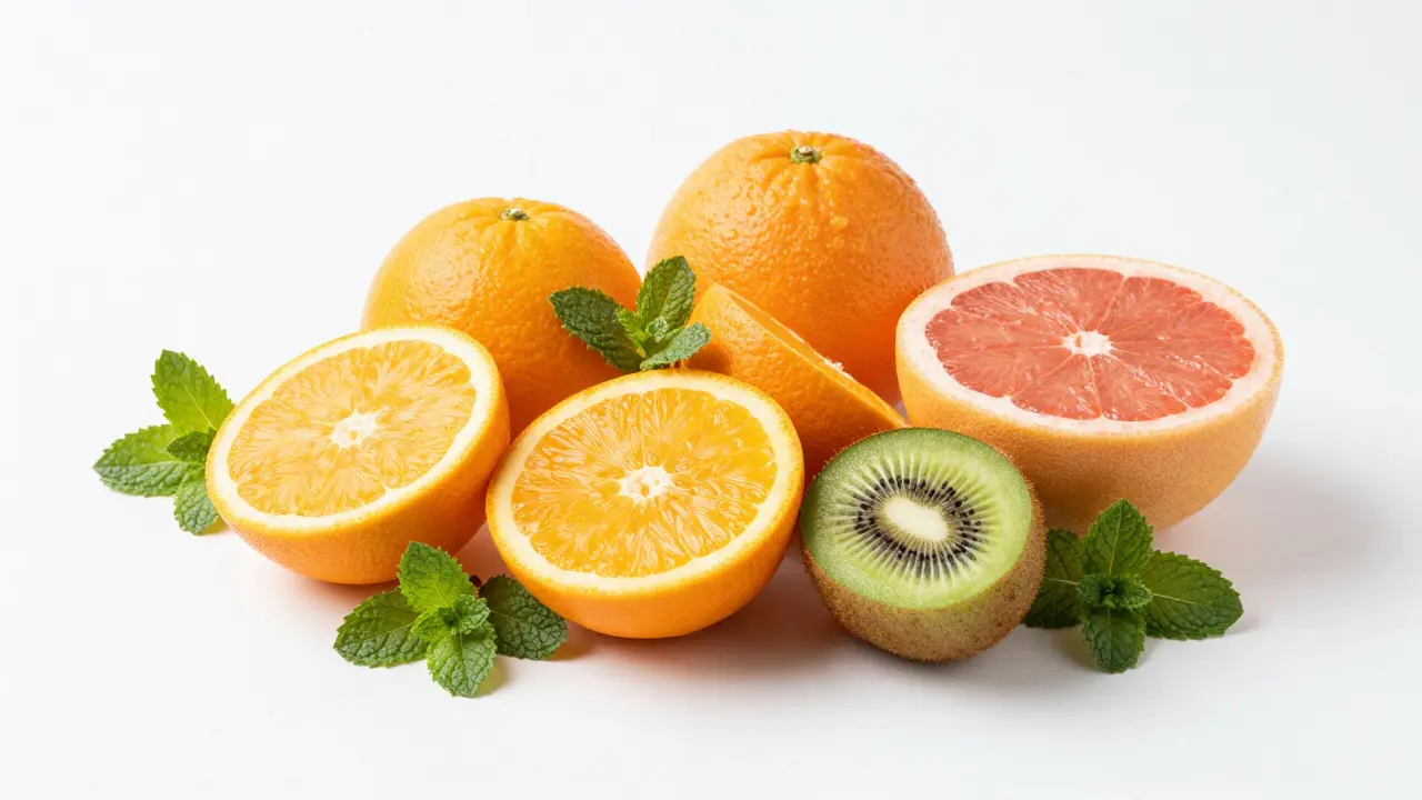 Různé citrusové plody jako pomeranče a kiwi uspořádané na bílém pozadí