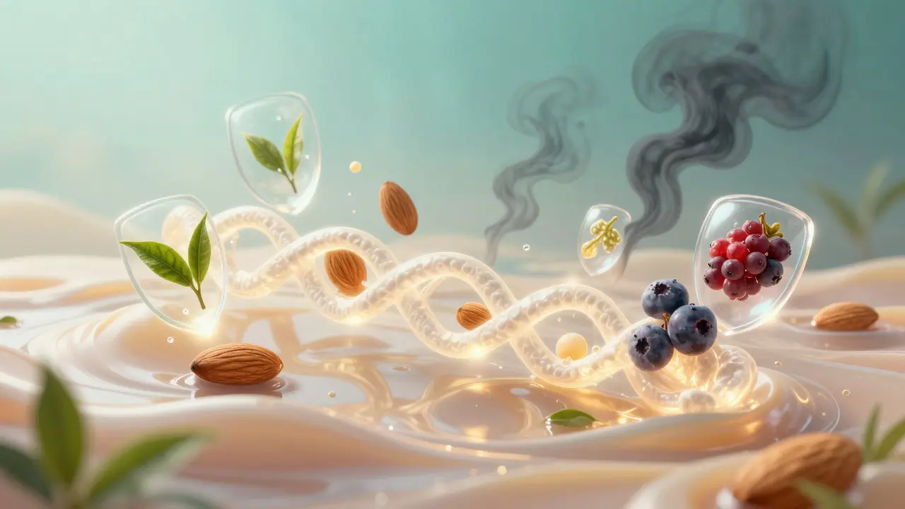 Abstraktní ilustrace ochrany kolagenu antioxidanty před volnými radikály