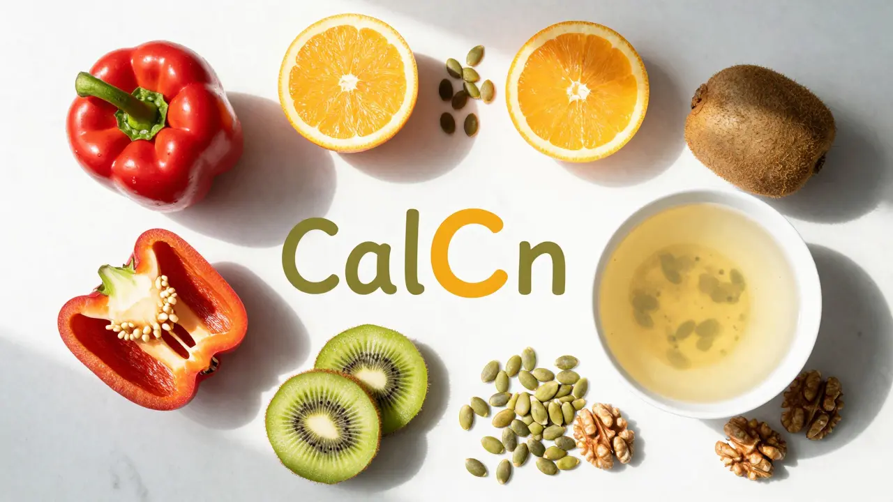 Čerstvé potraviny bohaté na vitamín C a zinek pro tvorbu kolagenu