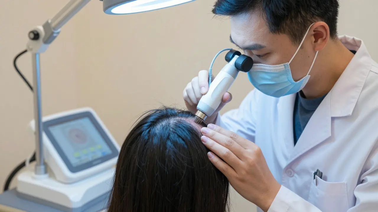 Dermatolog vyšetřuje pokožku hlavy pomocí dermoskopu