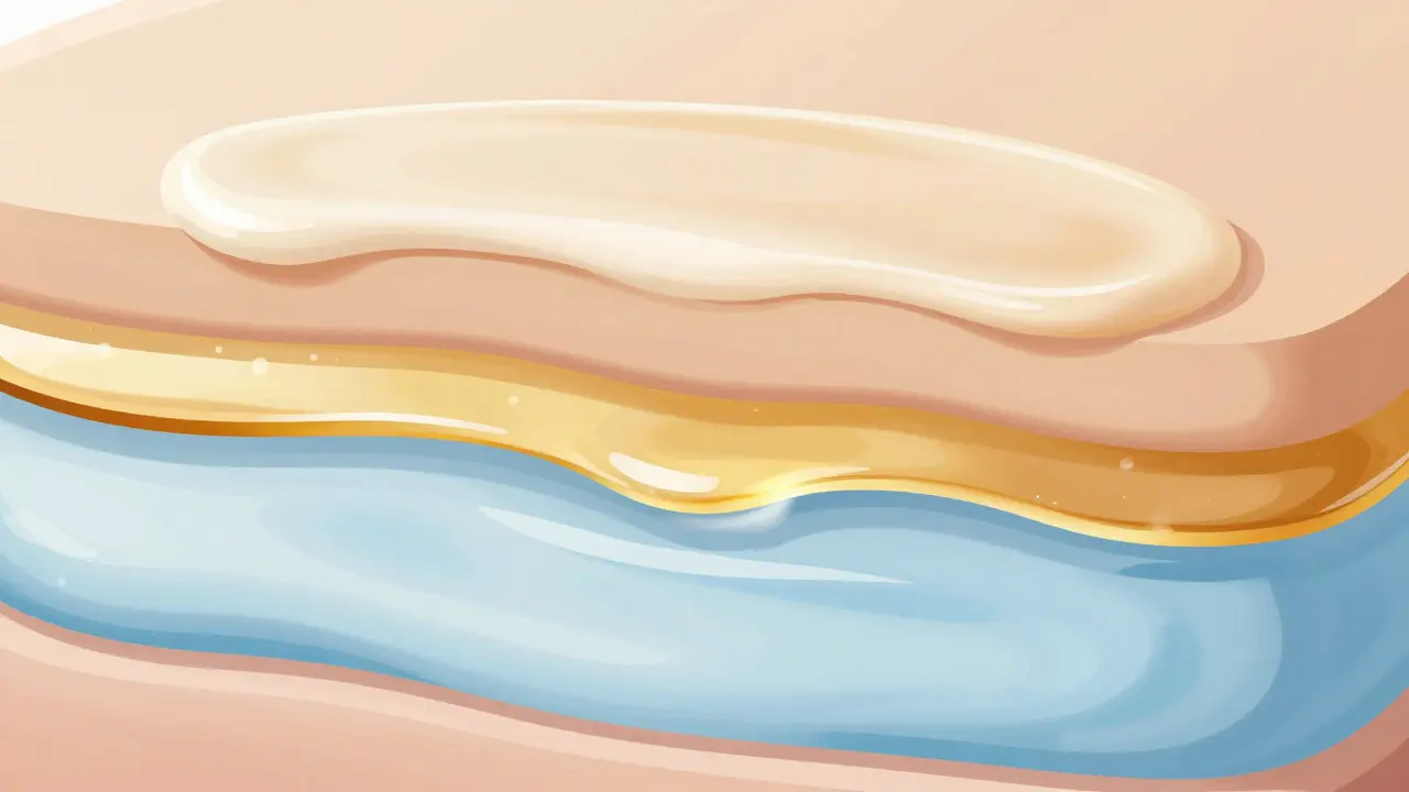 Ilustrace vrstev pleti při aplikaci metody sendviče s krémem