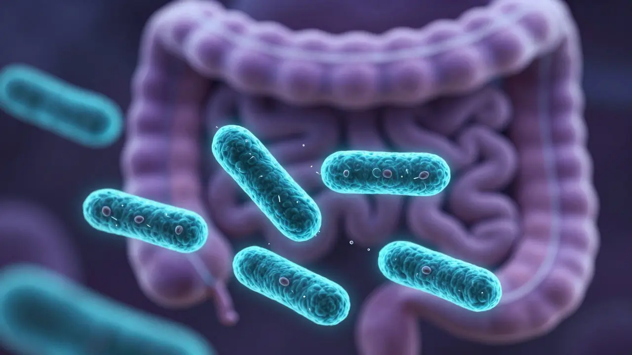 Makro záběr bakterií Lactobacillus a Bifidobakterií v střevním prostředí
